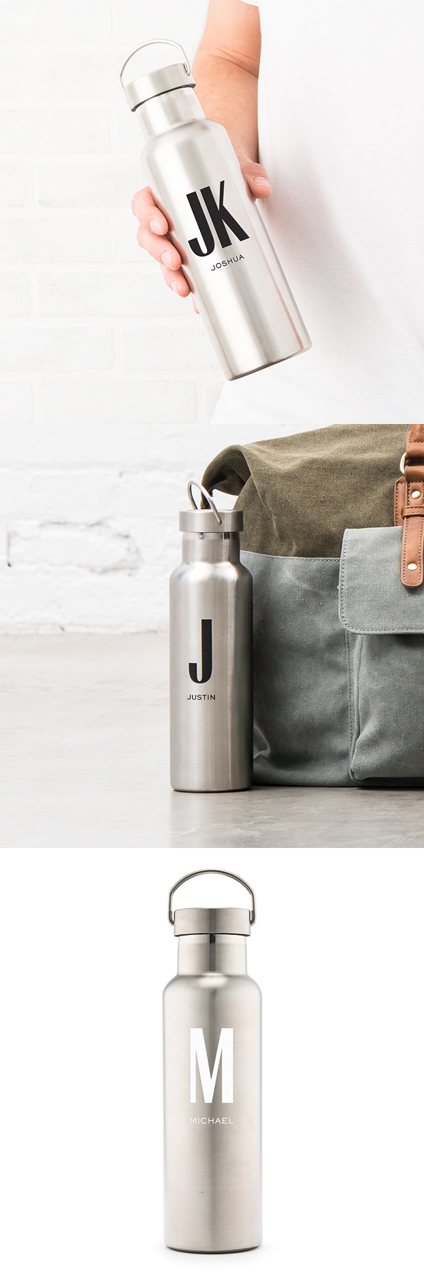 Personalized Stainless Steel Travel Bottle with Modern Monogram & Text
