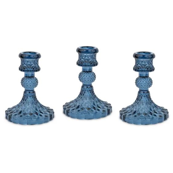 Weddingstar Vintage-Inspired Blue Pressed-Glass Candle Holders (Set of 3)