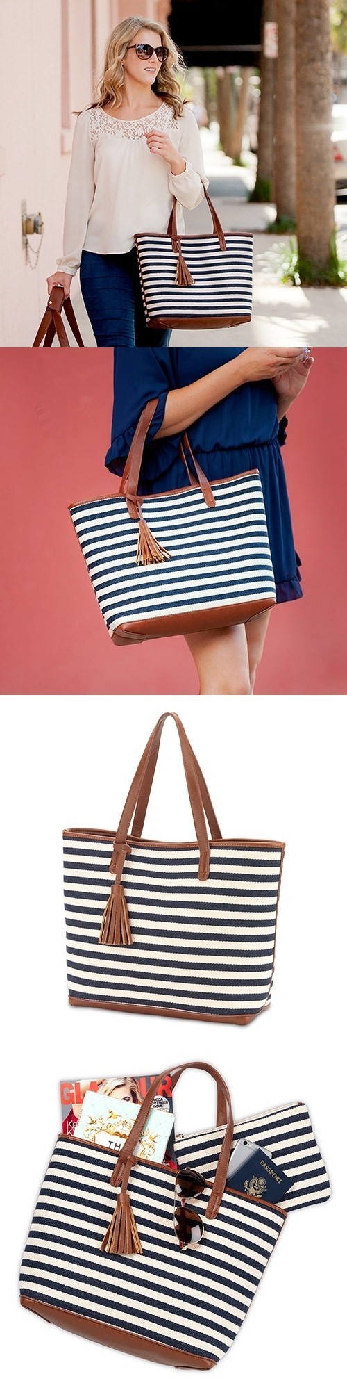 navy and white striped bag