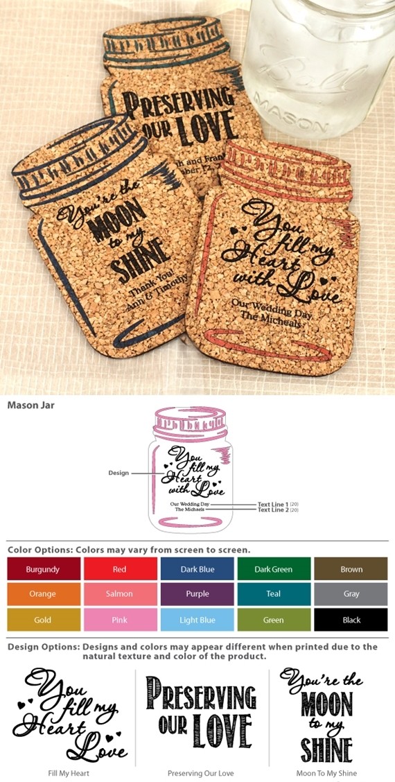 Personalized Mason Jar-Shaped Theme Cork Coasters (15 Colors)