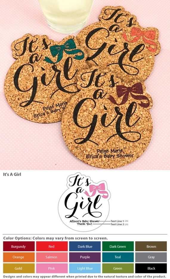 Personalized 'It's a Girl!' Baby Shower Cork Coasters (15 Colors)
