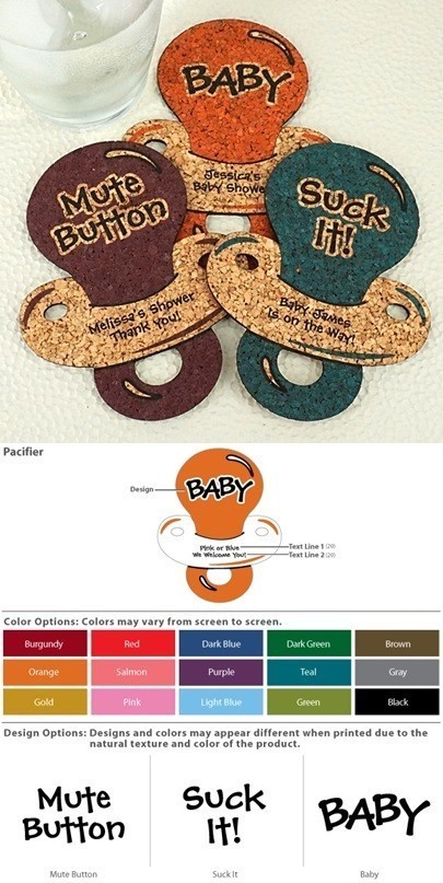 Personalized Pacifier-Shaped Baby Shower Cork Coasters (15 Colors)