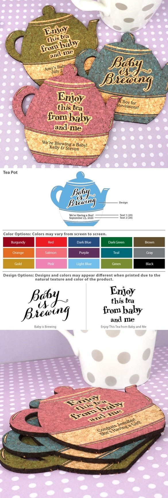 Personalized Baby Shower Tea Pot-Shaped Cork Coasters (15 Colors)