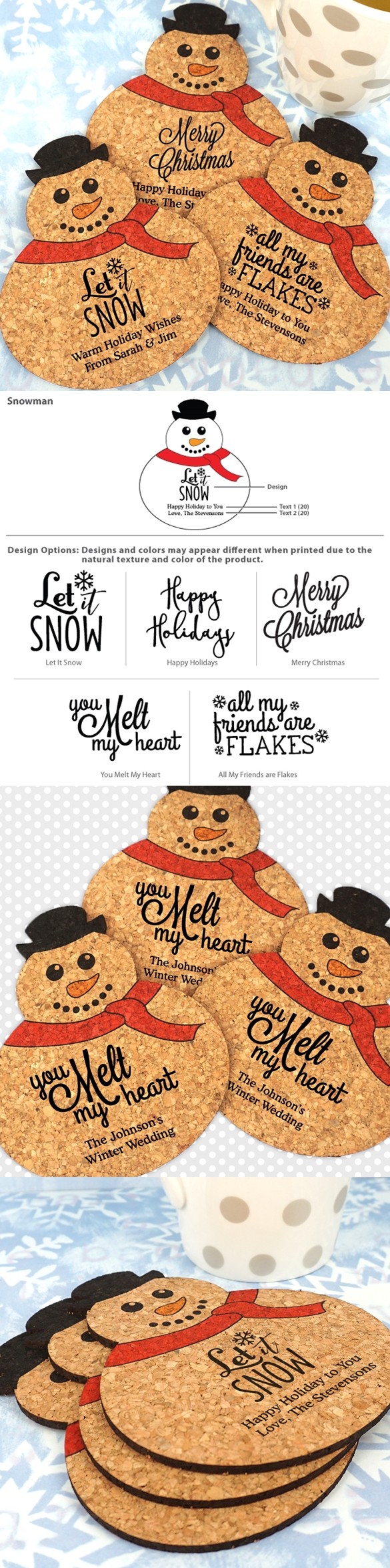 Personalized Snowman-Shaped Cork Coasters (5 Sayings; 15 Colors)