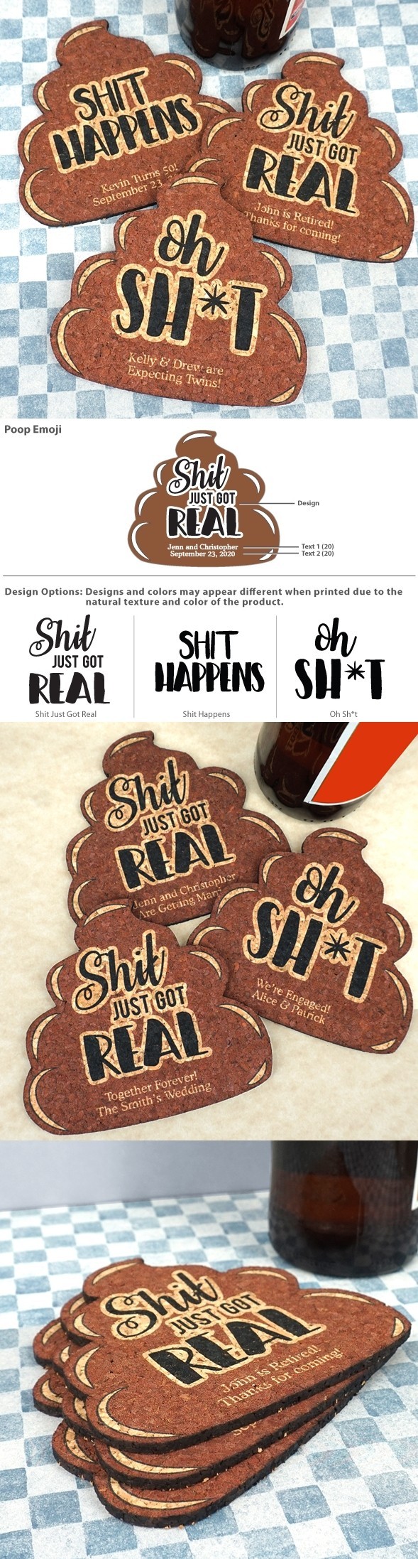 Personalized Poop Emoji Cork Coasters (3 Sayings)