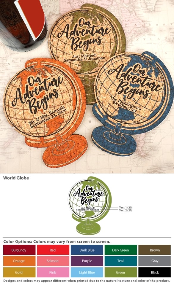 Personalized World Globe-Shaped Cork Coasters (15 Colors)