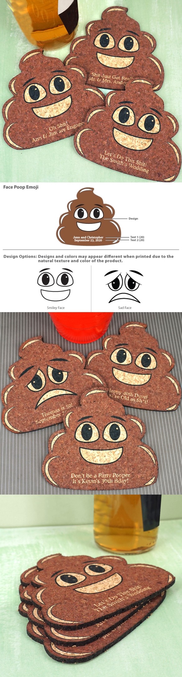 Personalized Poop Emoji Expressions-Shaped Cork Coasters