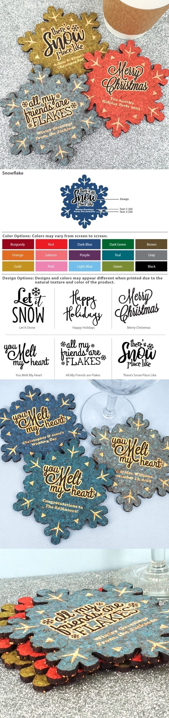 Personalized Snowflake Cork Coasters (6 Sayings; 15 Colors)