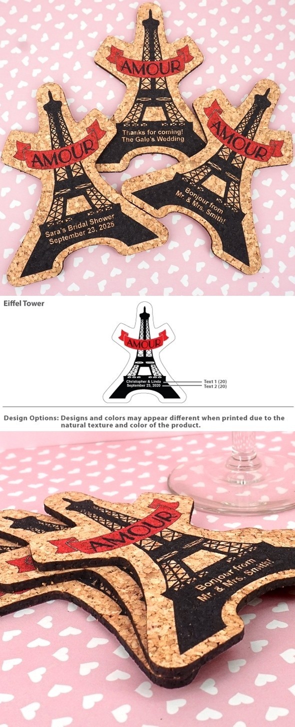 Personalized Eiffel Tower Shaped Amour-Themed Cork Coasters