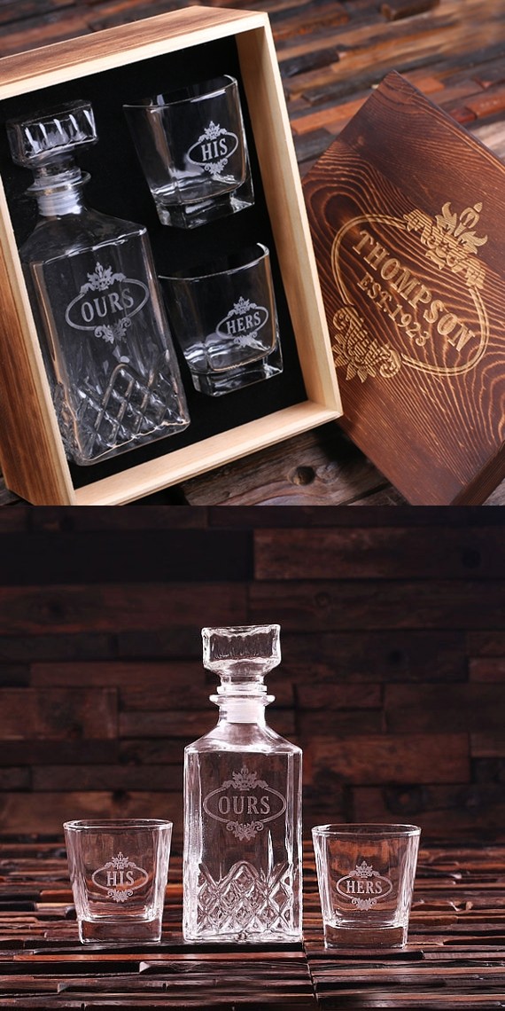 His Hers Ours Whiskey Decanter & Glasses Set in Personalized Wood