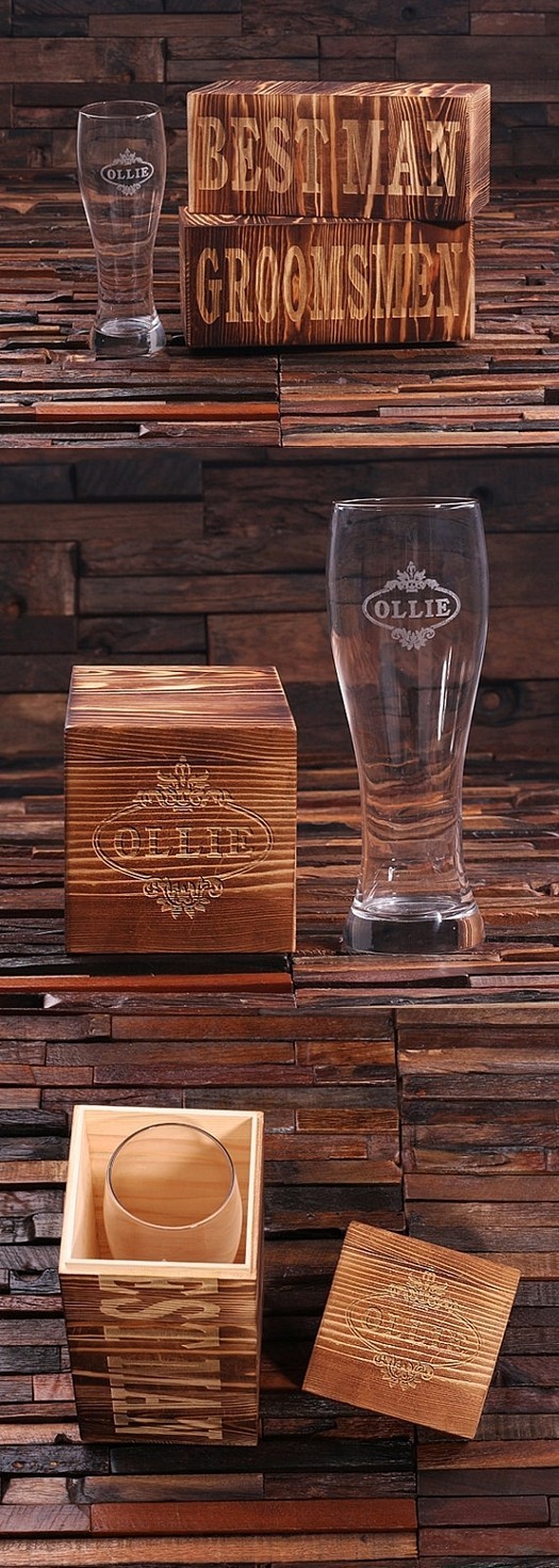 Personalized 24 oz Pilsner Beer Glass with Groomsmen Keepsake Wood