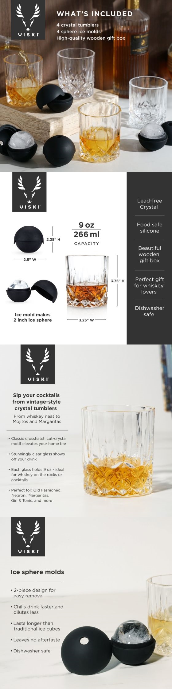 Whiskey Glasses Set of 2 with Matching Ice Ball Molds, Bourbon