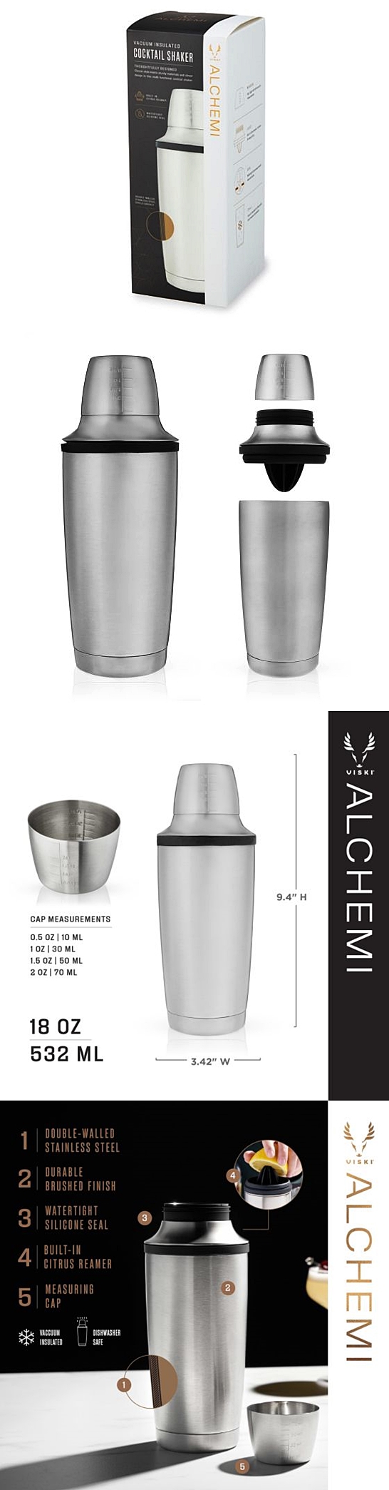 Viski Alchemi Vacuum Insulated Cocktail Shaker - Stainless Steel Double  Walled Shaker with Citrus Reamer, Cap, Strainer - 18 Oz 3-Piece Bar Set