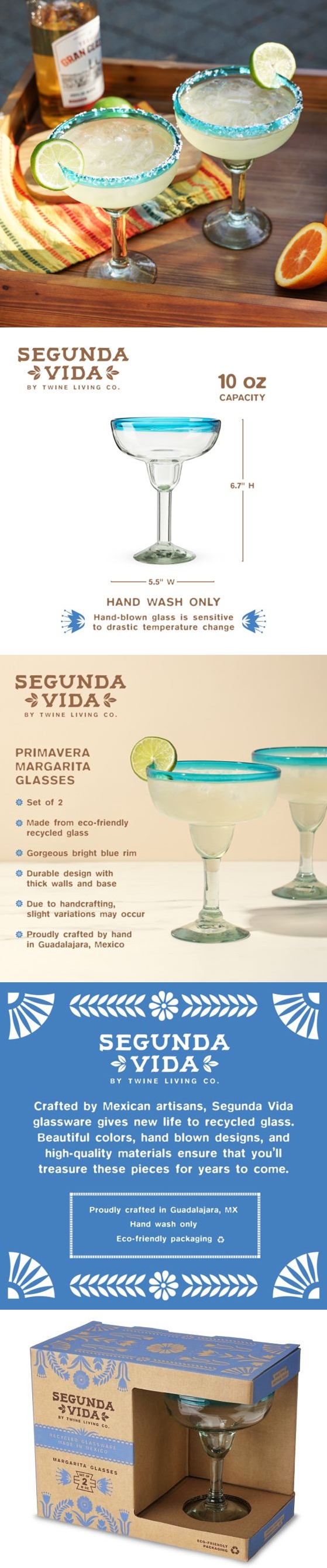 Twine Primavera Recycled Margarita Glass, Set of 2