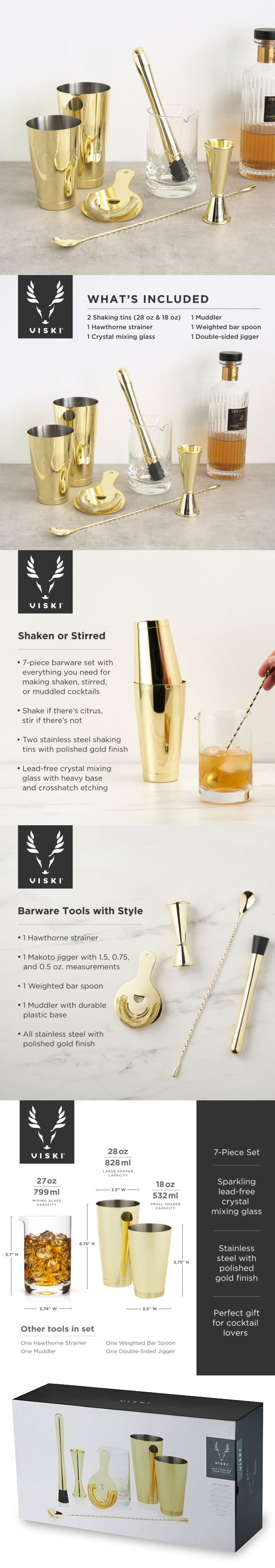 Gold Large Cocktail Set - Shaker, Jigger, Strainer, Spoon, Glasses