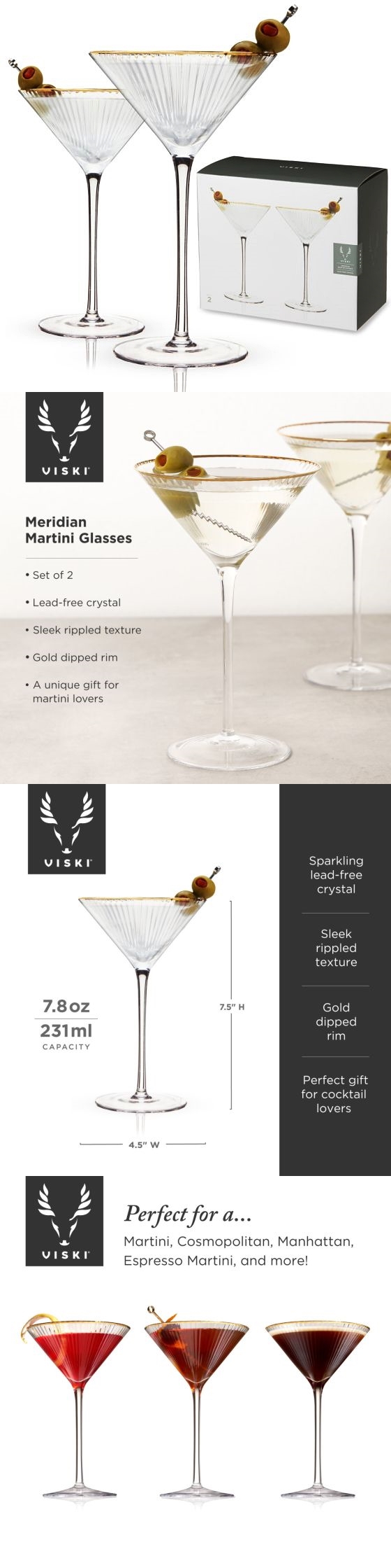 Meridian Rippled-Crystal Gold-Rim Martini Glasses by VISKI (Set of