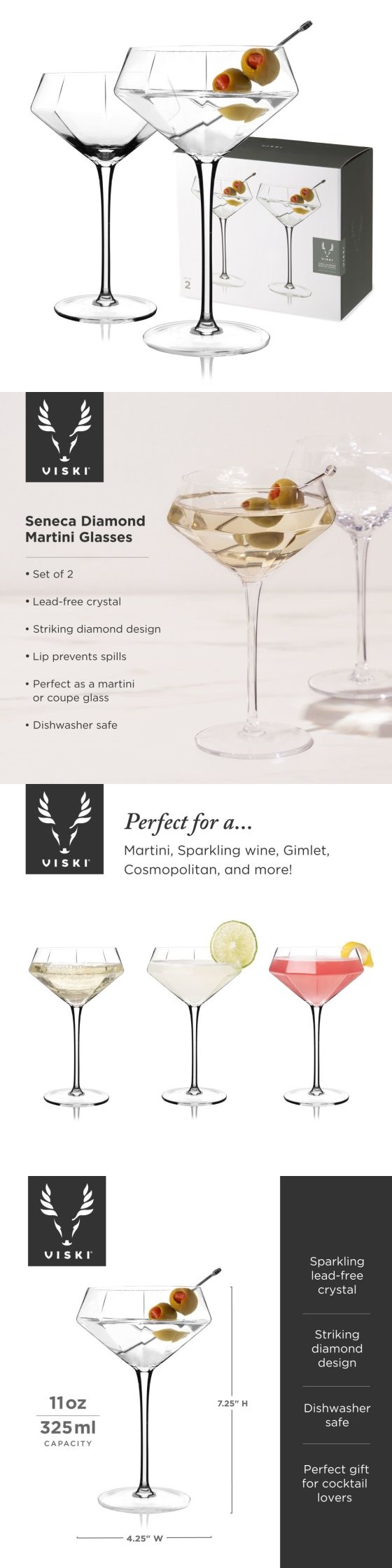 Viski Faceted Martini Glasses, Set Of 2 Lead-free Crystal Cocktail
