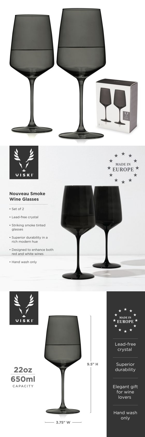 Viski Reserve Colored Wine Glasses, Set of 2, Smoke