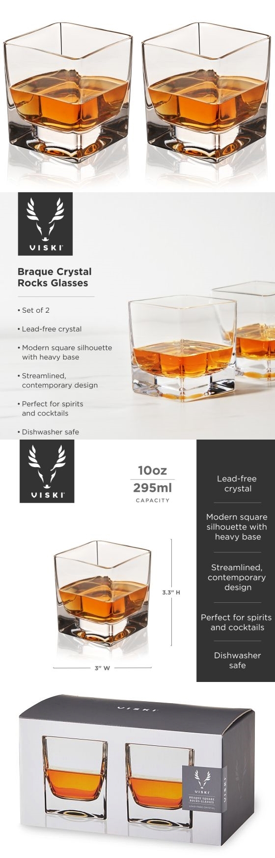Braque Lead-Free Crystal Square Rocks Glasses by VISKI (Set of 2)