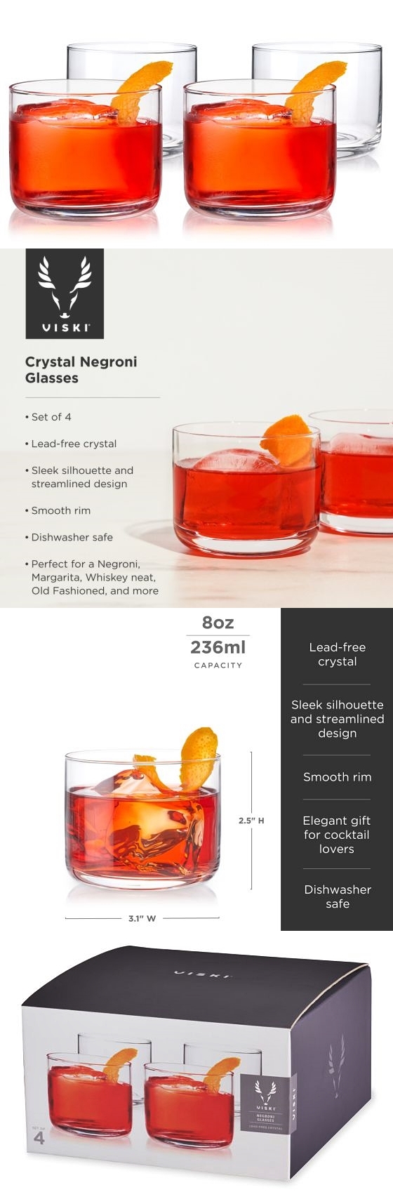 Raye Lead-Free Crystal Crystal Negroni Glasses by VISKI (Set of 4)