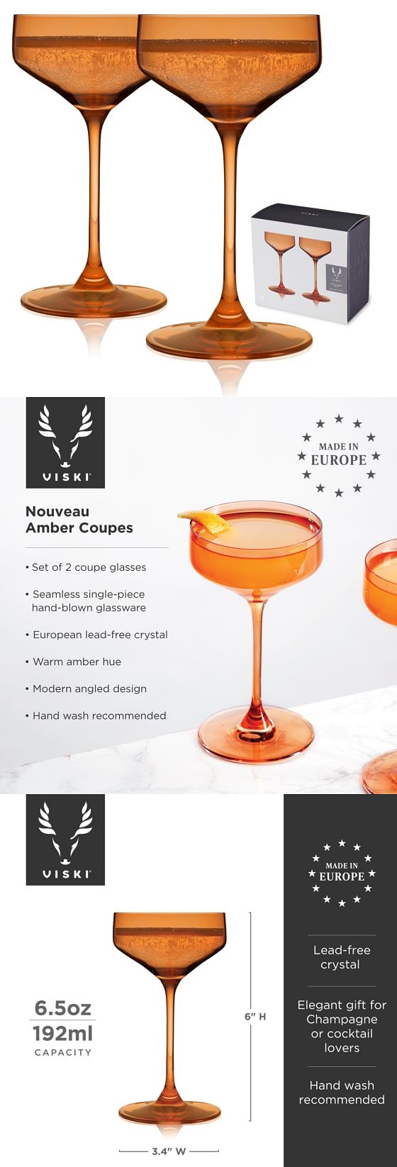 Reserve Nouveau Crystal Coupes in Amber by VISKI (Set of 2)