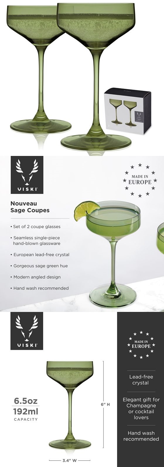 Reserve Nouveau Crystal Coupes in Sage by VISKI (Set of 2)