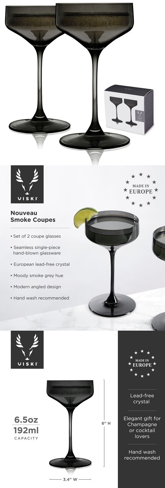 Reserve Nouveau Crystal Coupes in Smoke by VISKI (Set of 2)