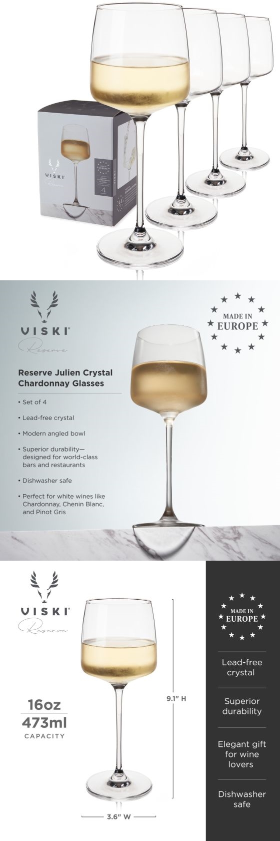 "Julien" Lead-Free Crystal Chardonnay Glasses by VISKI (Set of 4)