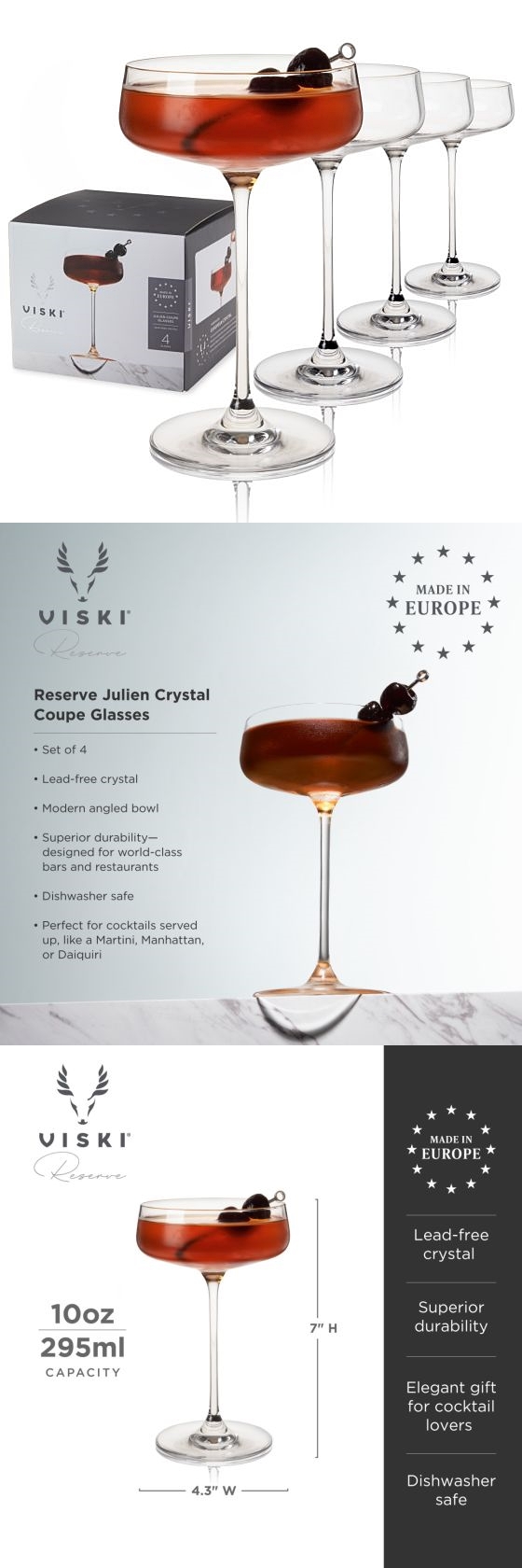 "Julien" Lead-Free Crystal Coupe Glasses by VISKI (Set of 4)