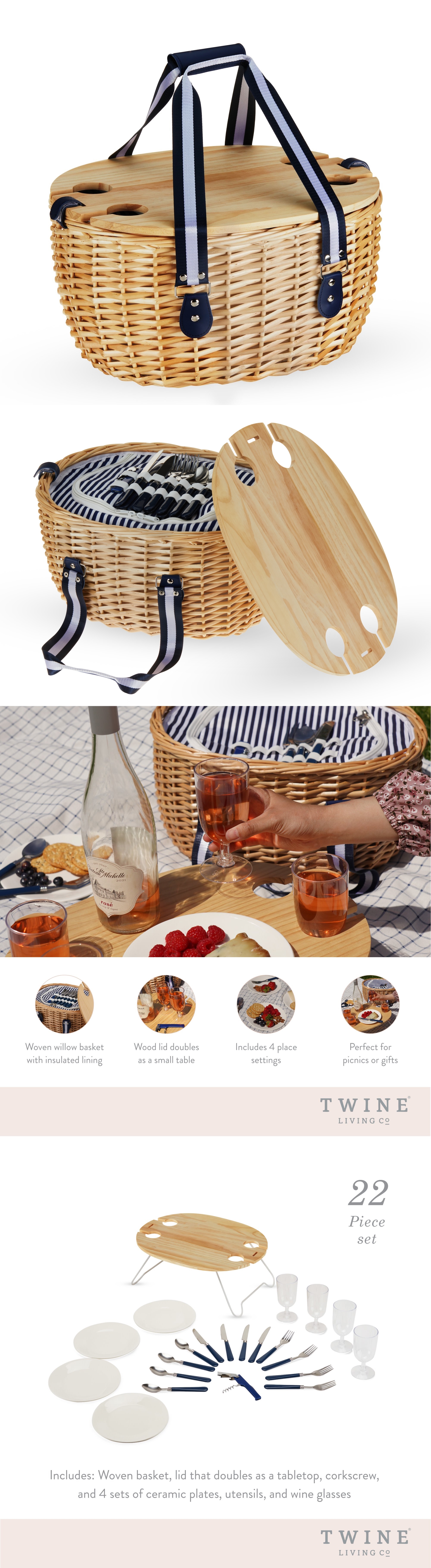 "Central Park" Woven Willow Picnic Basket for Four by Twine Living