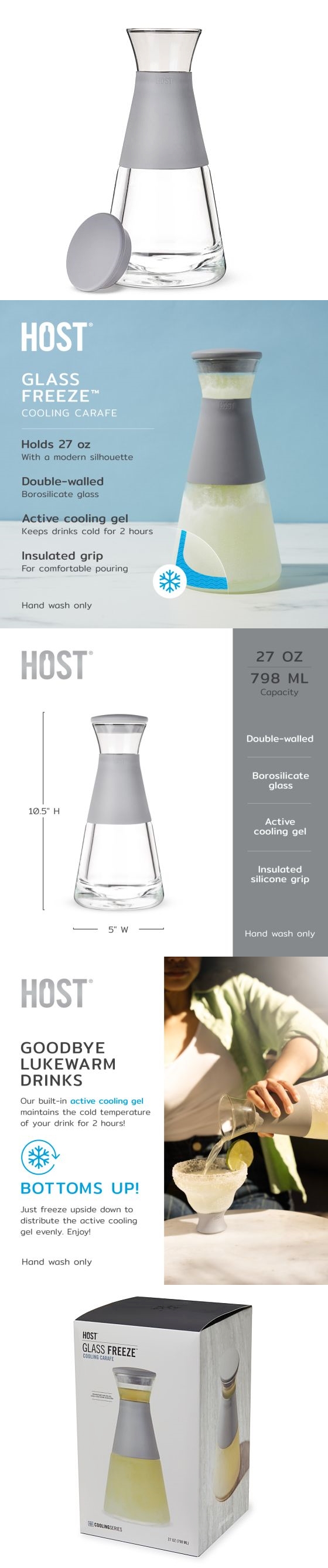 Double-Walled 27oz Glass FREEZE Carafe with Gray Silicone Grip by HOST