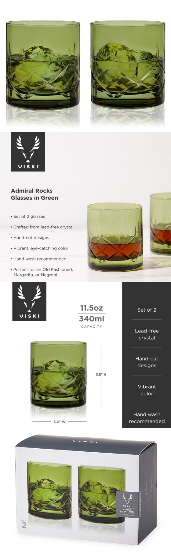 Admiral Cut Lead-Free Crystal Rocks Glasses in Green by VISKI (Set of 2)
