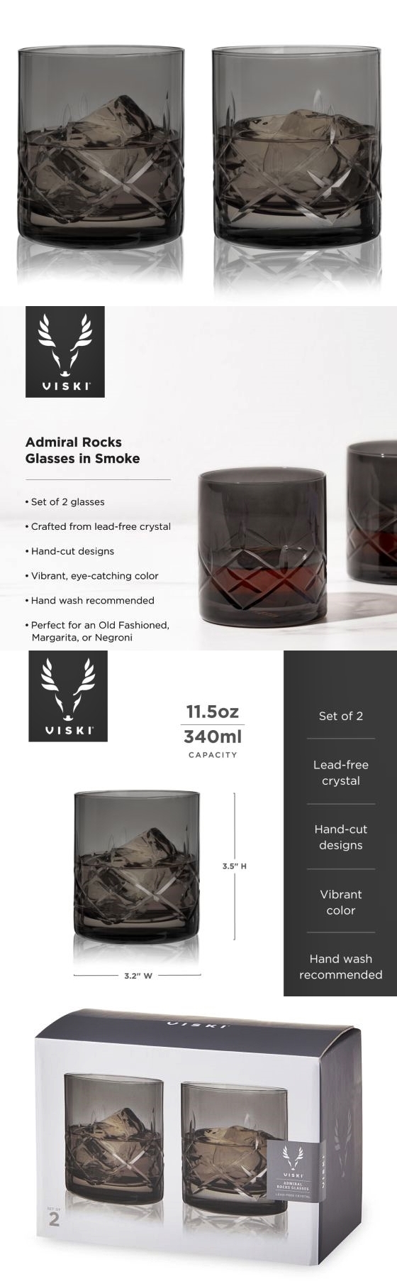 Admiral Cut Lead-Free Crystal Rocks Glasses in Smoke by VISKI (Set of 2)