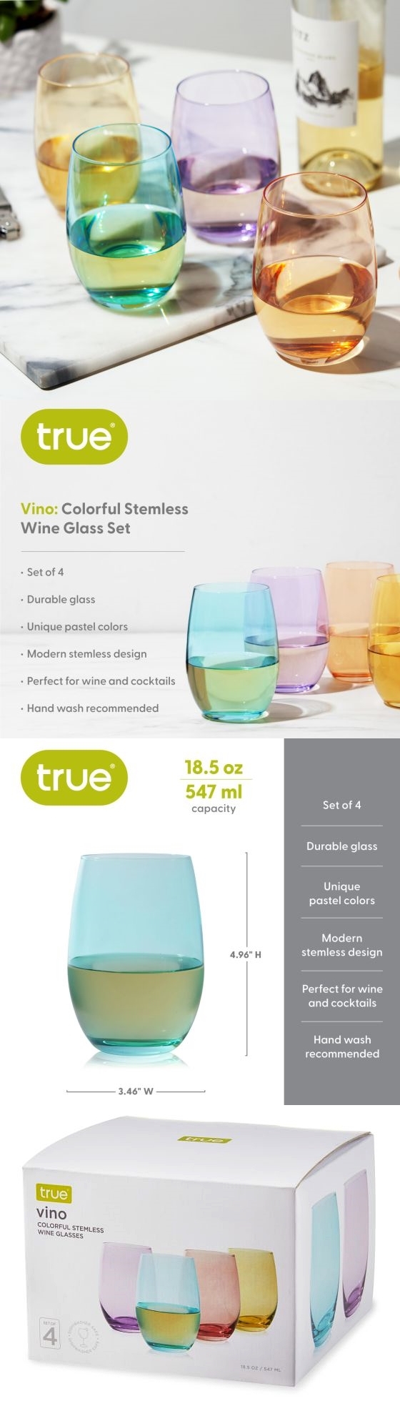 Vino: Colorful Stemless Wine Glasses by True (Set of 4)