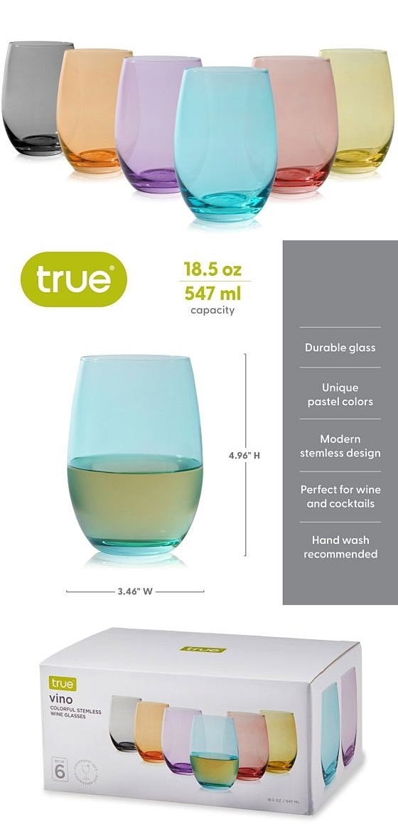 Vino: Colorful Stemless Wine Glasses by True (Set of 6)