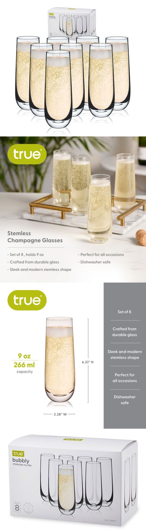 "Bubbly" Stemless Champagne Flutes by True (Set of 8)