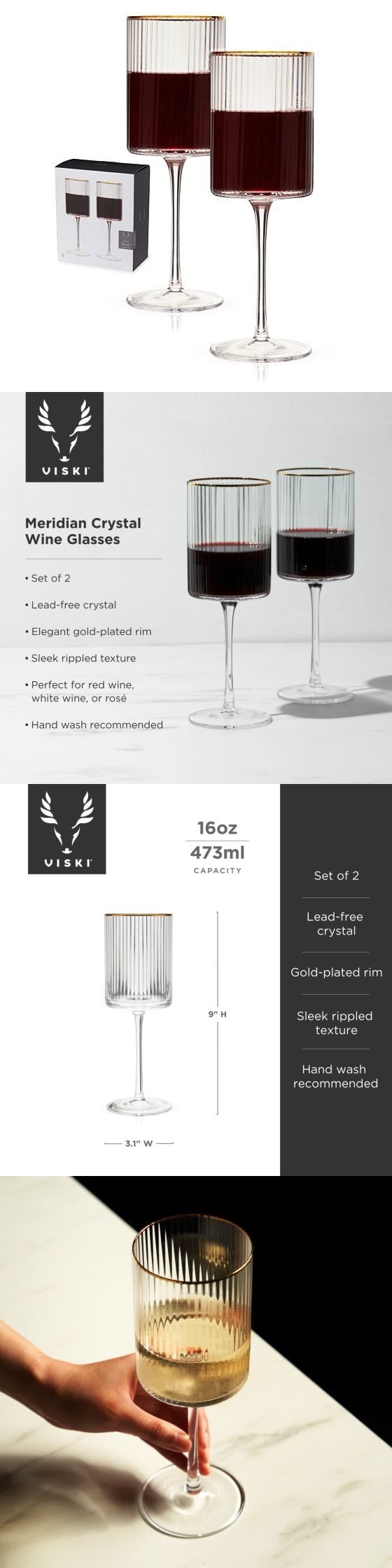 Meridian Rippled & Gold-Rimmed Crystal Wine Glasses by VISKI (Set of 2)