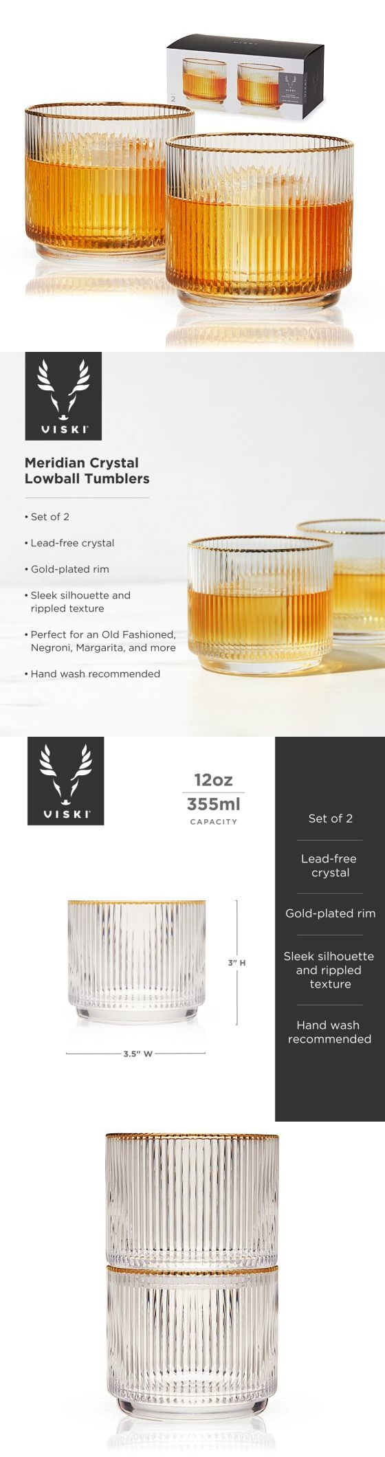 Meridian Rippled & Gold-Rimmed Crystal Lowball Tumblers by VISKI (Set of 2)