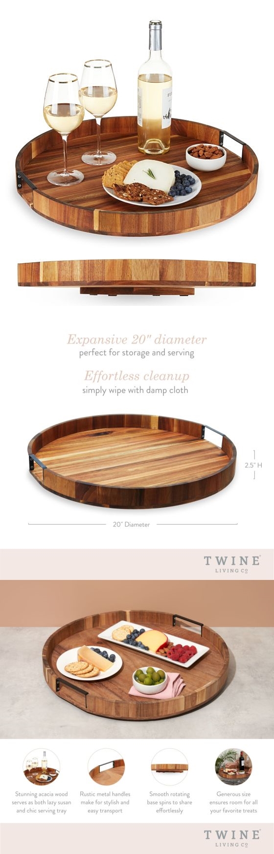 Acacia-Wood Lazy Susan Serving Tray with Metal Handles by Twine Living