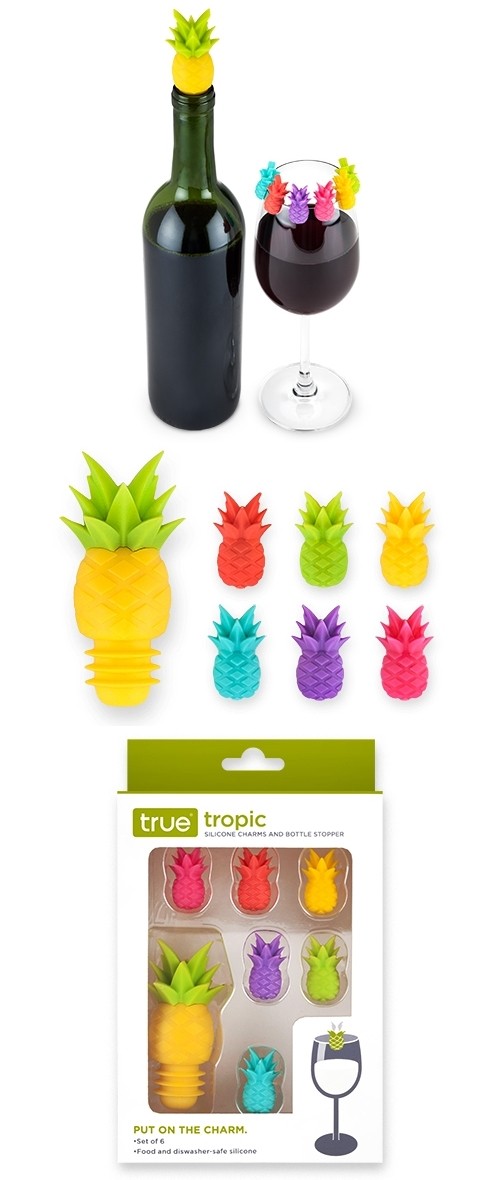 Tropic Collection Silicone Wine Charms and Bottle Stopper Set by True